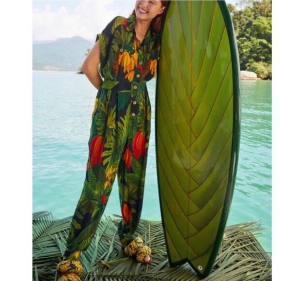 Farm Rio Cocoa Forest Jumpsuit Romper Size: Large Tropical Beach Vacation - Picture 10 of 11